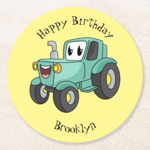 Niedlicher Happy Green Traktor Cartoon Runder Pappuntersetzer