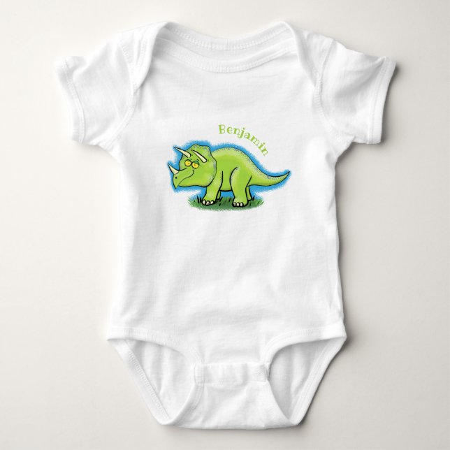 Niedlicher Happy Green Triceratops Dinosaurier Car Baby Strampler (Vorderseite)