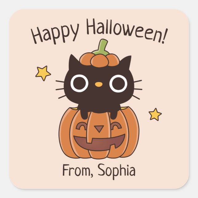 Niedlicher Happy Halloween Black Cat in Pumpkin St Quadratischer Aufkleber (Vorderseite)