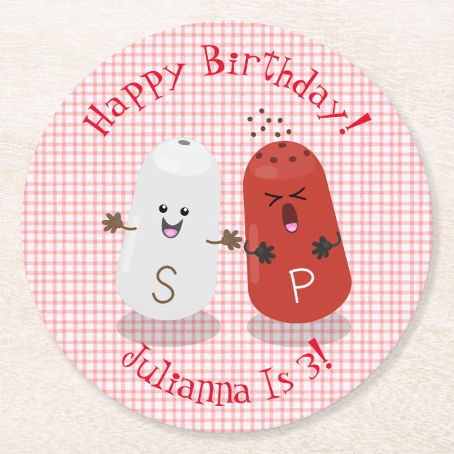 Niedlicher Happy-Kawaii-Salz und Pfeffer-Cartoon Runder Pappuntersetzer (Vorderseite)