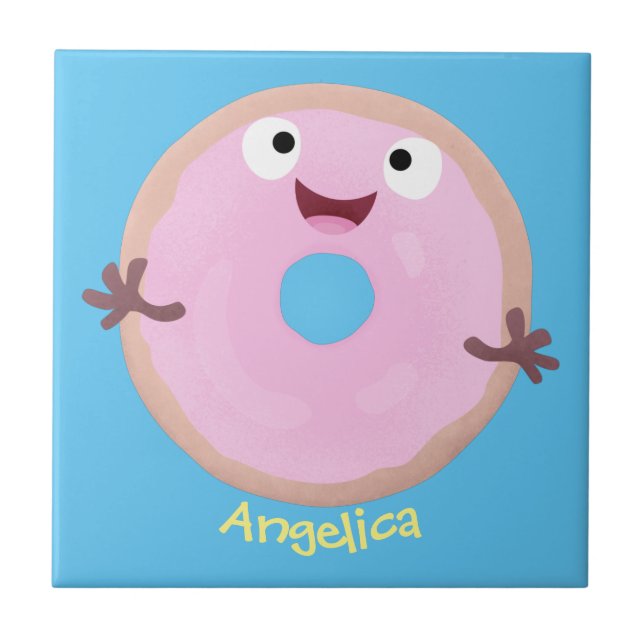 Niedlicher Happy-Pink-Glattleder-Donut-Cartoon Fliese (Vorderseite)