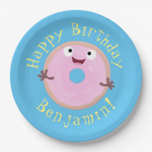 Niedlicher Happy-Pink-Glattleder-Donut-Cartoon Pappteller