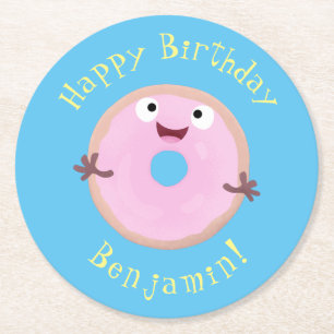 Niedlicher Happy-Pink-Glattleder-Donut-Cartoon Runder Pappuntersetzer