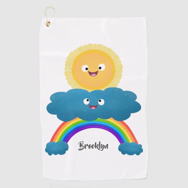 Niedlicher Happy Sun Cloud Regenbogen Cartoon Golfhandtuch (Vorderseite)