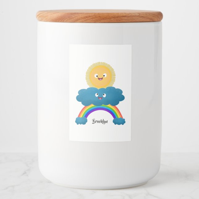 Niedlicher Happy Sun Cloud Regenbogen Cartoon Lebensmitteletikett (Vorderseite)