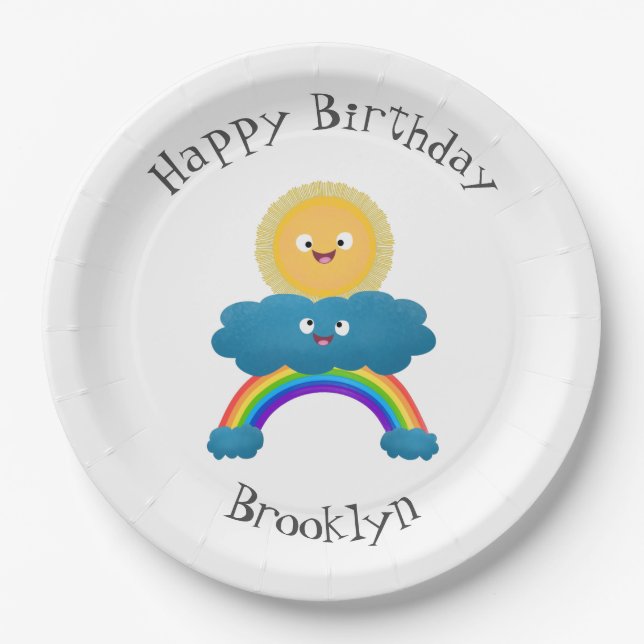Niedlicher Happy Sun Cloud Regenbogen Cartoon Pappteller (Vorderseite)
