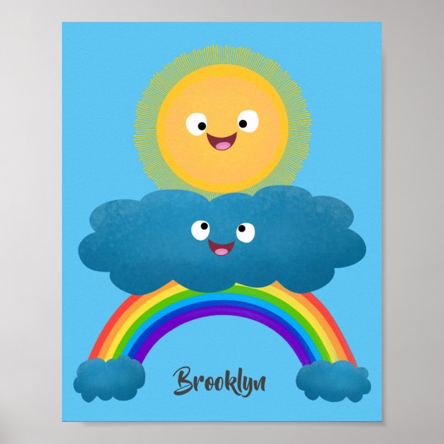 Niedlicher Happy Sun Cloud Regenbogen Cartoon Poster (Vorne)