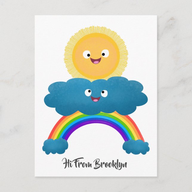 Niedlicher Happy Sun Cloud Regenbogen Cartoon Postkarte (Vorderseite)