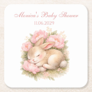 Niedlicher Häschen-Hase Rosa Peonie Baby Shower Rechteckiger Pappuntersetzer