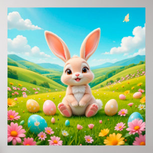 Niedlicher Hase auf einer bunten Frühlingswiese Poster