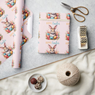 Niedlicher Hase Bunte Eier Blumen Frohe Ostern Geschenkpapier