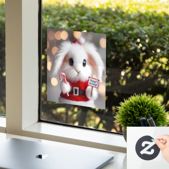 Niedlicher Hase in einem Weihnachtskostüm Fensteraufkleber (Büro)