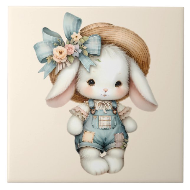 Niedlicher Hase in Overall mit Strohhut und Schlei Fliese (Vorderseite)