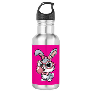 Niedlicher Hase mit Brille, der Kaugummi bläst Edelstahlflasche