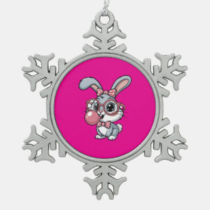 Niedlicher Hase mit Brille, der Kaugummi bläst Schneeflocken Zinn-Ornament