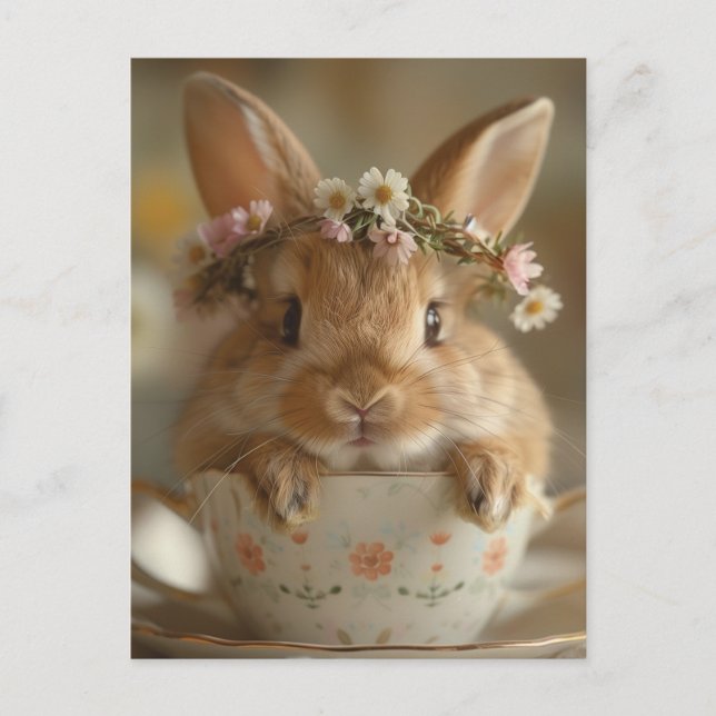 Niedlicher Hase mit einer Blume in einer Tasse Postkarte (Vorderseite)