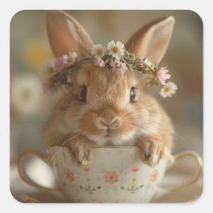 Niedlicher Hase mit einer Blume in einer Tasse Quadratischer Aufkleber