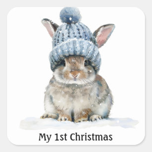 niedlicher Hase mit Wintermütze, individuell anpas Quadratischer Aufkleber