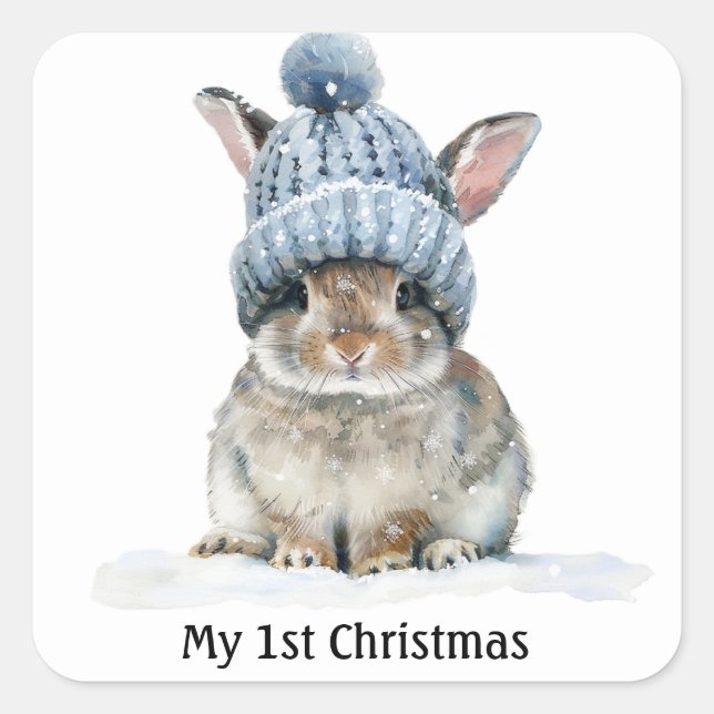 niedlicher Hase mit Wintermütze, individuell anpas Quadratischer Aufkleber (Vorderseite)