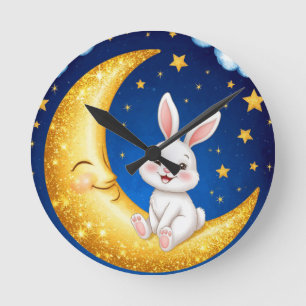 Niedlicher Hase sitzt auf einem goldenen Halbmond Runde Wanduhr
