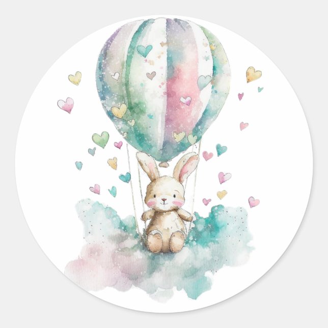 Niedlicher Hase und Ballon, Aquarell, Herz Runder Aufkleber (Vorderseite)