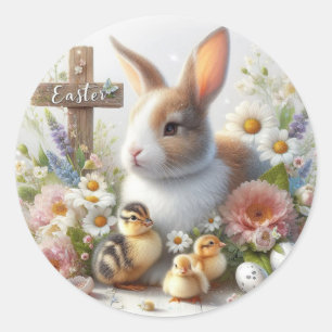 Niedlicher Hase und kleine Entenküken Runder Aufkleber