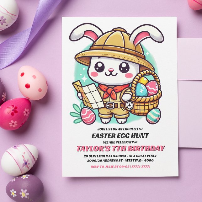 Niedlicher Hasen-Explorer Ostereier Jagd Geburtsta Einladung (Invite friends and family to an eggcellent Birthday Easter egg hunt with this adorable invitation.)