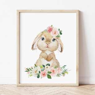 Niedlicher Hasen, Kaninchen, rosa Blume, Girl-Kind Fotodruck