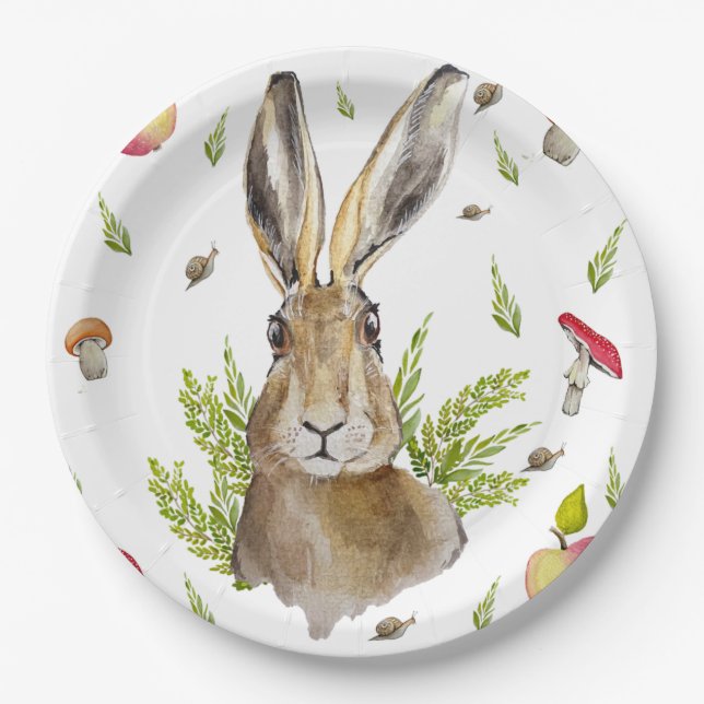 Niedlicher Hasen mit Apfelkuchen und Pilzgerichten Pappteller (Vorderseite)
