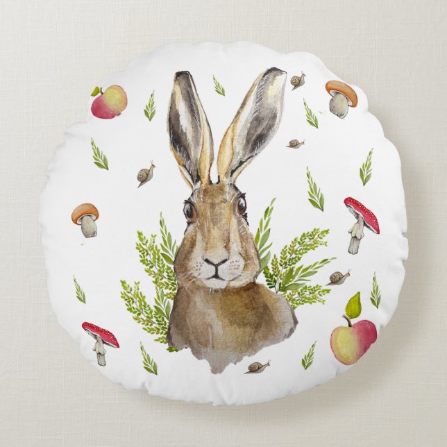 Niedlicher Hasen mit Apfelkuchen und Pilzgerichten Rundes Kissen (Vorderseite)