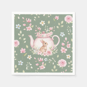 Niedlicher Hasen-Teekanne Rosa Blumen Salbei Grün Serviette