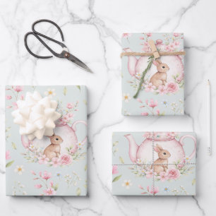 Niedlicher Hasen-Teekanne Rosa Blumenmuster  Geschenkpapier Set