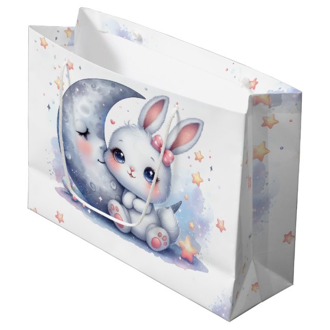 niedlicher Hasen- und Halbmond Große Geschenktüte (Vorderseite Schrägansicht)