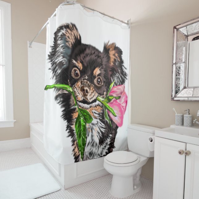 Niedlicher Haushund mit Duschvorhang Rose individu (Beispiel)
