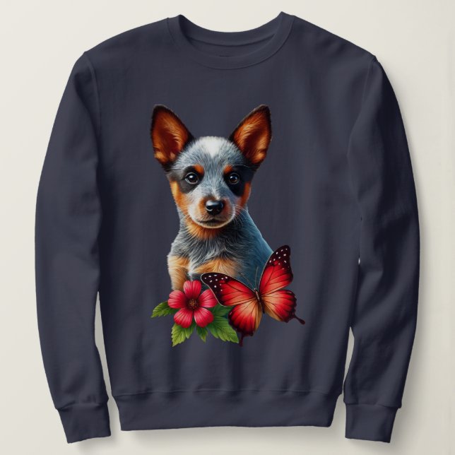 Niedlicher Heeler Welpe mit Schmetterling und Blum Sweatshirt (Design vorne)