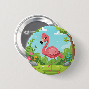 Niedlicher, hellrosa Flamingo im Garten Button