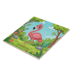 Niedlicher, hellrosa Flamingo im Garten Fliese