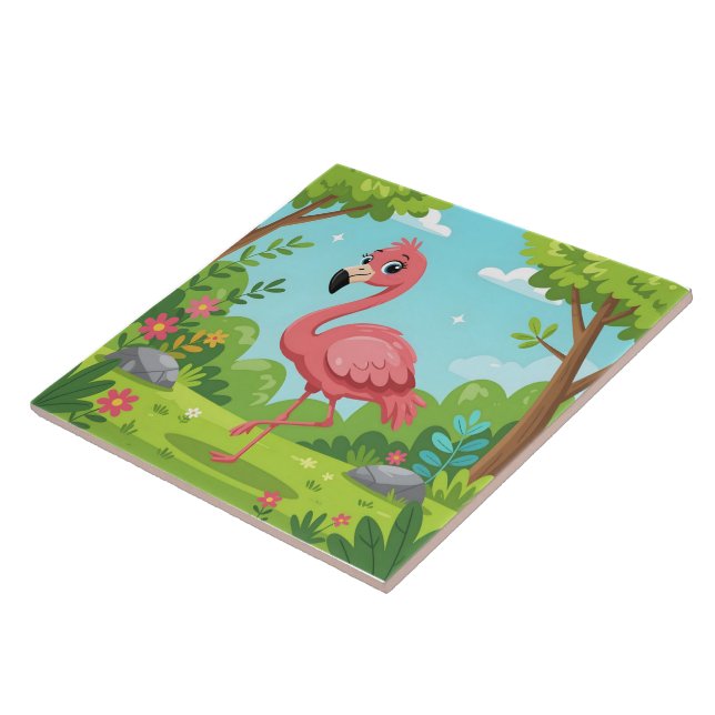 Niedlicher, hellrosa Flamingo im Garten Fliese (Seite)