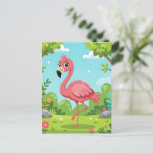 Niedlicher, hellrosa Flamingo im Garten Postkarte