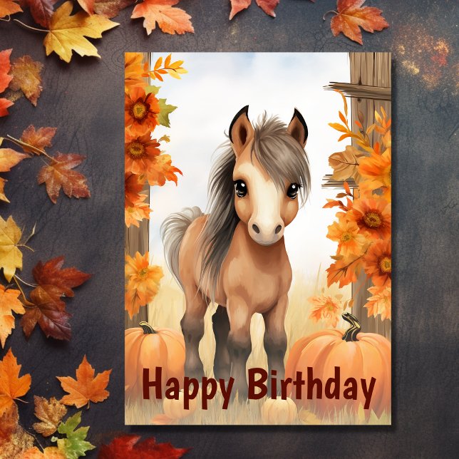 Niedlicher Herbst Fohlen und Pumpkins Pferd Geburt Karte (Cute Autumn Foal and Pumpkins Horse Birthday Card)