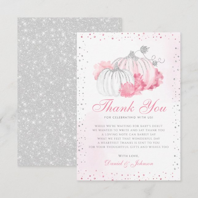 Niedlicher Herbst Pink Pumpkin Fall Floral Baby Du Dankeskarte (Vorne/Hinten)