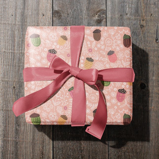 Niedlicher Herbst Rosa Herbstkorn Geschenkpapier (Cute Fall Pink Autumn Acorn Wrapping Paper)