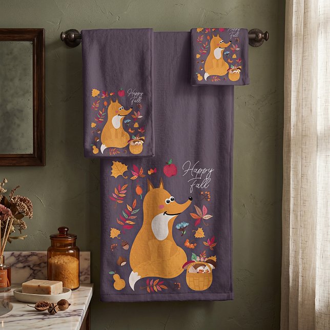 Niedlicher Herbstfox mit benutzerdefiniertem Text Badhandtuch Set (Von Creator hochgeladen)