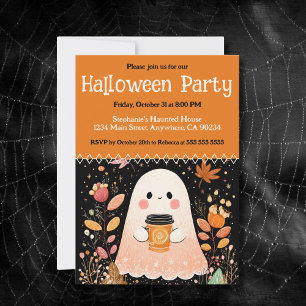 Niedlicher Herbstghost mit Pumpkaffee Halloween Einladung