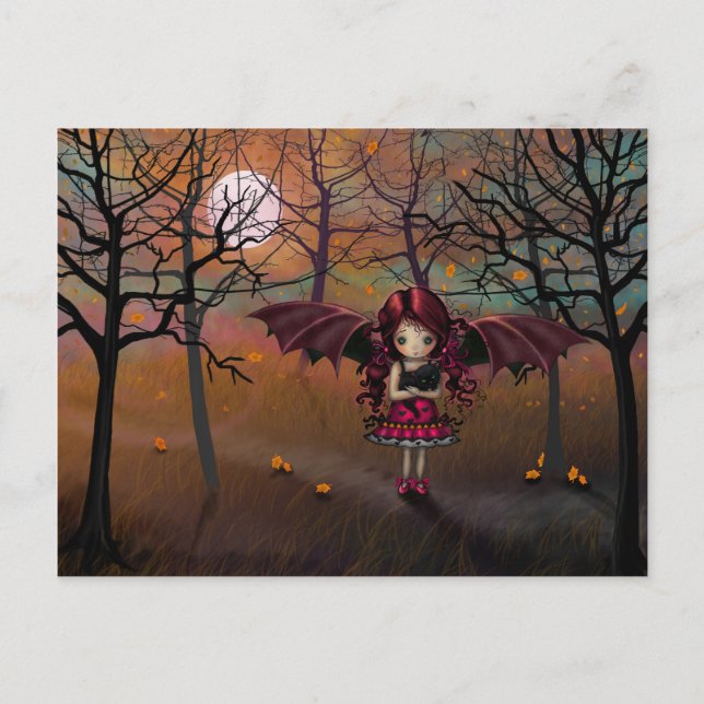 Niedlicher HerbstVampir und Schwarze Katze Postkarte (Vorderseite)
