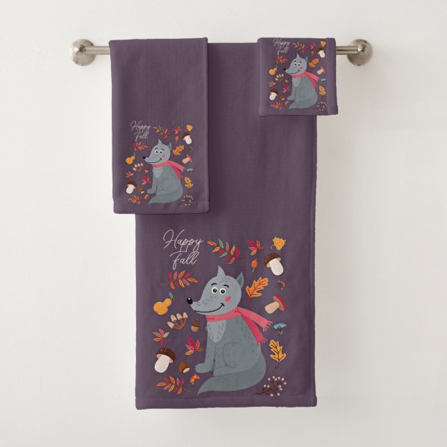 Niedlicher Herbstwolf mit benutzerdefiniertem Text Badhandtuch Set (Insitu)