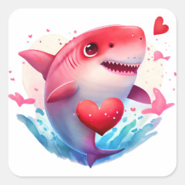 Niedlicher Herzhai Valentine Quadratischer Aufkleber