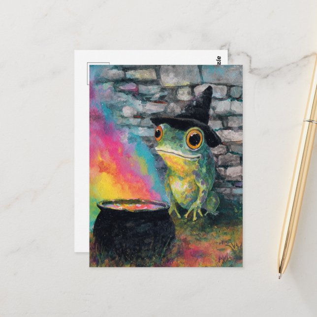 Niedlicher Hexenfrosch, der einen Regenbogenzauber Postkarte (Vorderseite/Rückseite Beispiel)