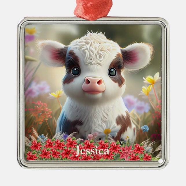 Niedlicher Highland Cow Calf Weihnachten Personali Ornament Aus Metall (Vorne)