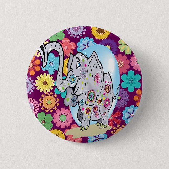 Niedlicher Hippie-Elefant mit bunten Blumen Button (Vorderseite)